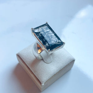 Tourmalinated Quartz Medium Rectangle Cut Four-Prong-Set Ring - US 9