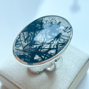Tourmalinated Quartz Large Oval Bezel-Set Ring - US 9