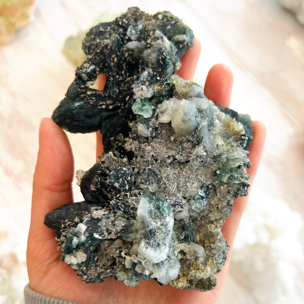 Stilbite with Caledonite and Green Apophyllite